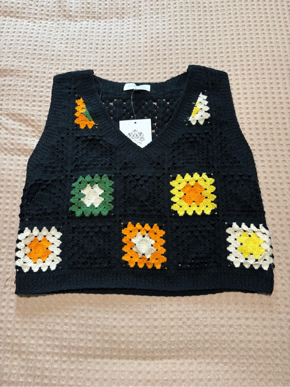 NWT Black Crochet Tank Top with Colorful Granny Squares Boho Patchwork 70s Indie